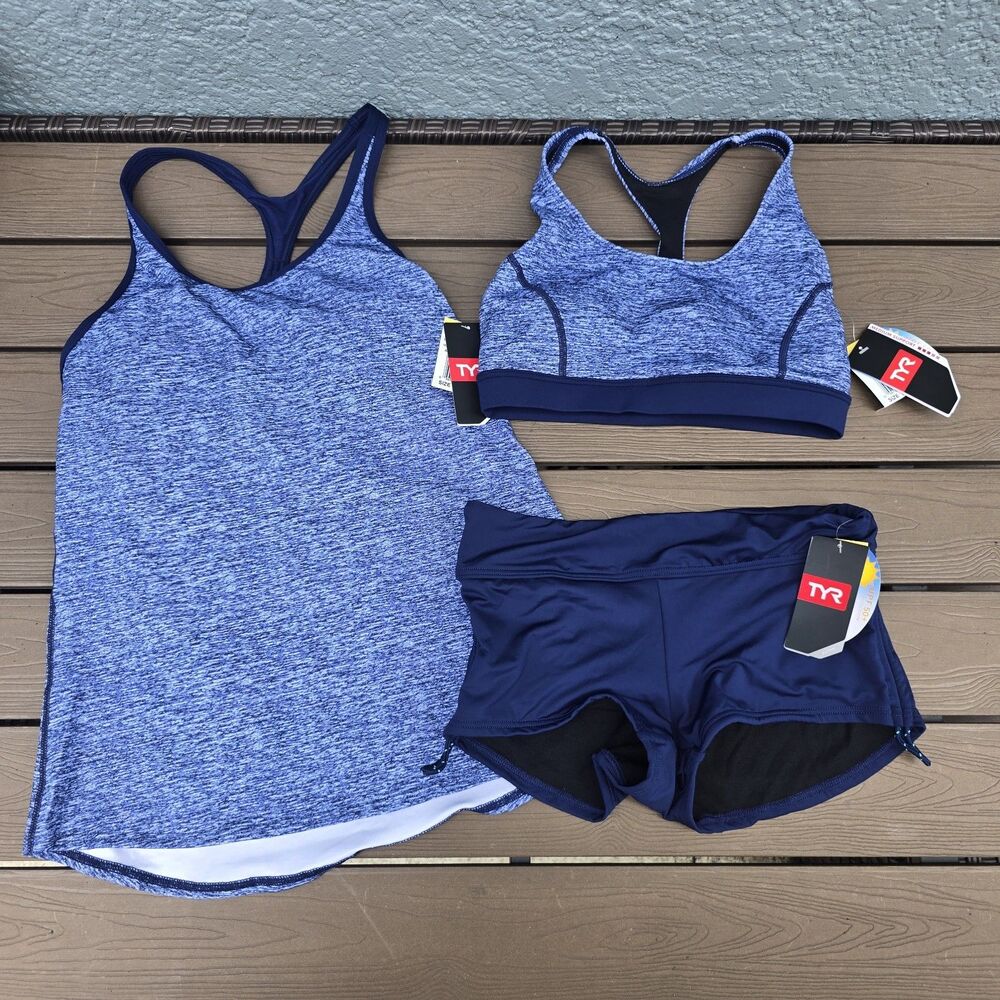 TYR Womens Mantra Skyler Racerback Top W/ Boy short & Tank Grey/blue Sz XS NEW
